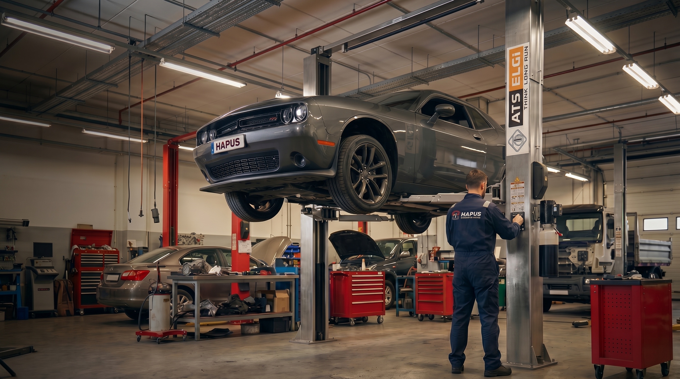 A vehicle raised on a HAPUS workshop lift